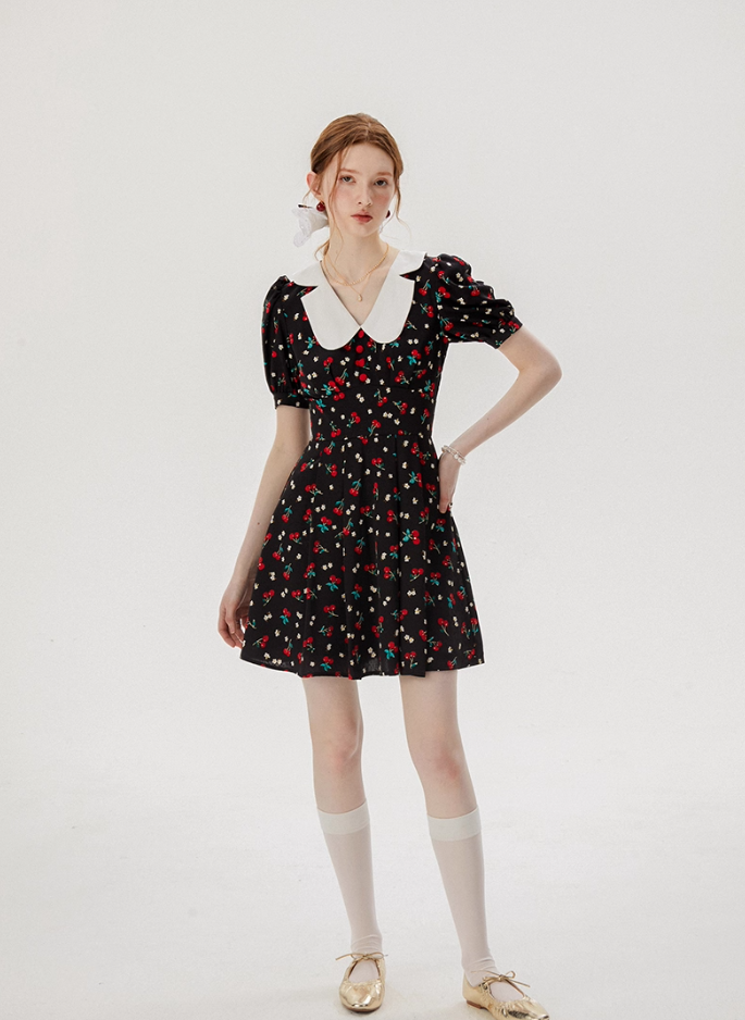 Baby collar floral dress French style black dress petite short dress female summer new style R3561