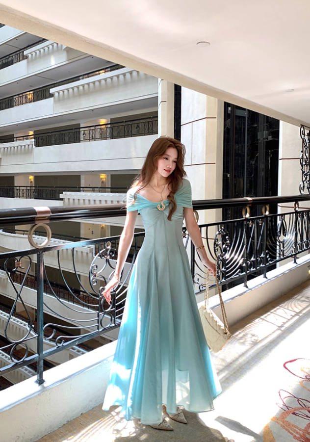 Blue long waist suspender dress women's summer French retro thousand gold skirt R4624