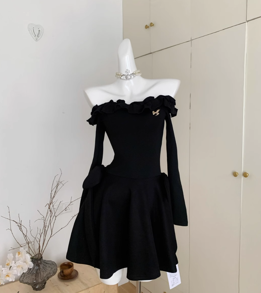 Little black dress one shoulder dress waist black high-end temperament skirt R1996