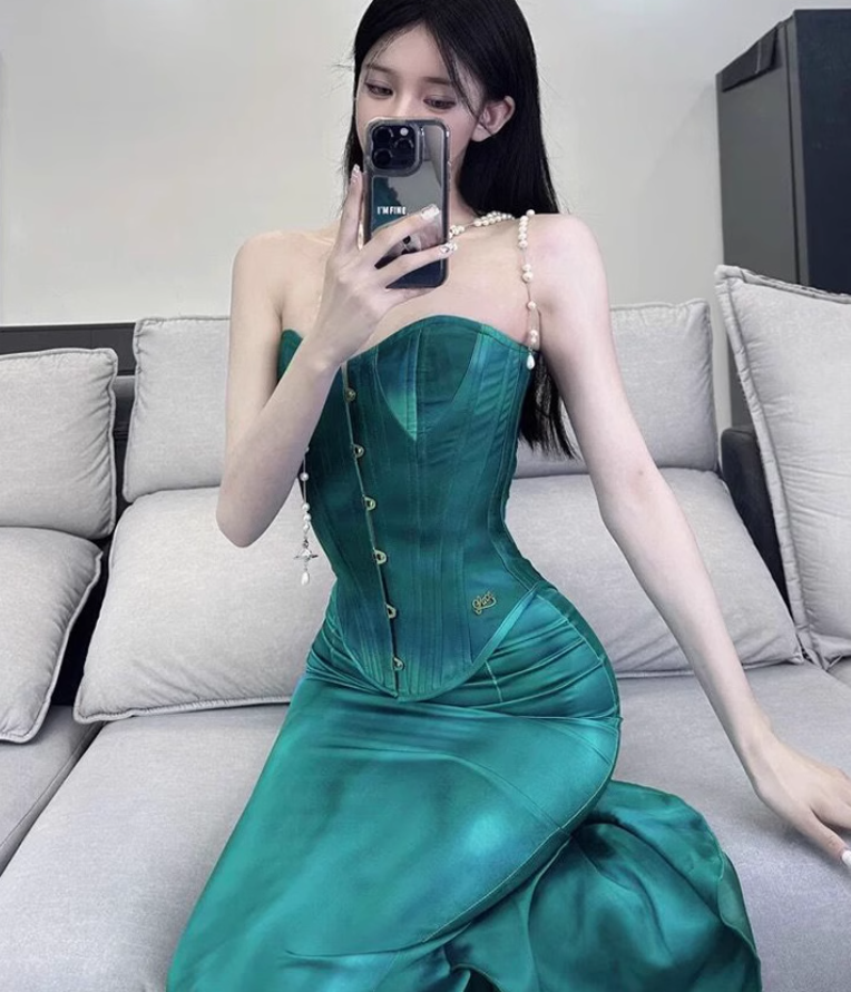 French retro herringbone tube top 2025 plus size satin hip skirt suit R1422