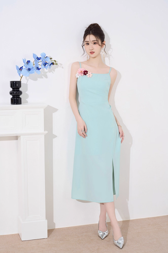 French design niche dress new style temperament waist slimming medium-length green suspender skirt R4458