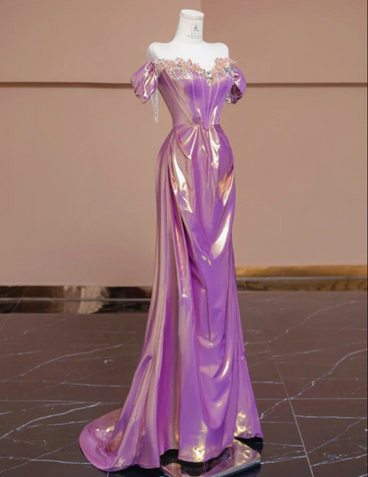 Refined Silky Applique Prom Gown Purple Women's Maxi Evening Dress Party Dress RS2817