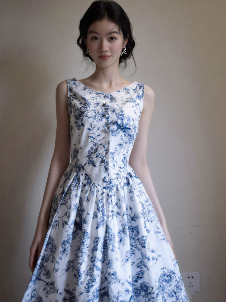 French Retro Floral A-line Jewel Corset Maxi Prom Dress Evening Dress RS475