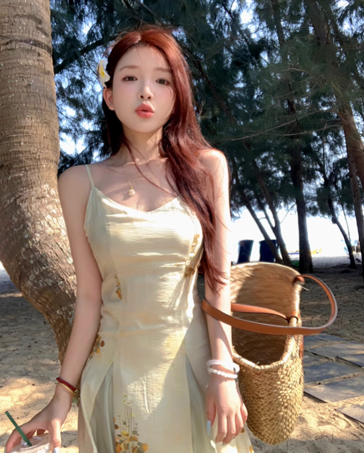 Printed suspender dress Chinese style women's clothing small size big swing v-neck long dress R1708