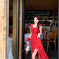 Red holiday floral dress for women petite summer long skirt with small flying sleeves R3866