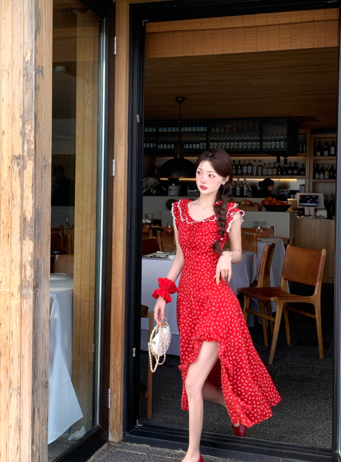 Red holiday floral dress for women petite summer long skirt with small flying sleeves R3866