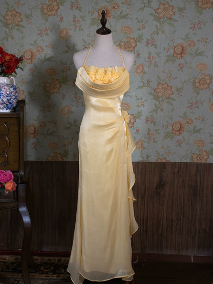 French Chic Bright Yellow Ruffled Mermaid Halter Applique Corset Maxi Prom Dress Evening Dress RS476