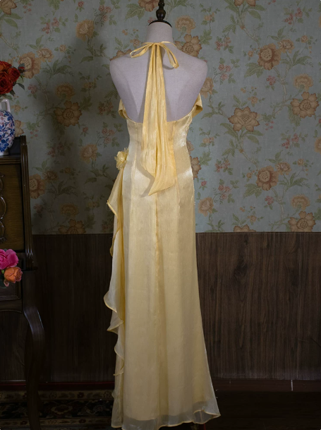 French Chic Bright Yellow Ruffled Mermaid Halter Applique Corset Maxi Prom Dress Evening Dress RS476