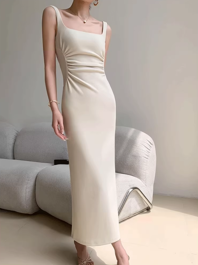 Square neck camisole dress 2025 temperament waist hip slit high-end long skirt R1452