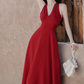Retro wine red sling halter neck dress temperament waist high-end dress R1496