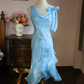 French Retro Baby Blue Flouncing Beaded Sheath Asymmetrical One-shoulder Corset Midi Prom Dress Cocktail Dress RS477