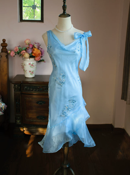 French Retro Baby Blue Flouncing Beaded Sheath Asymmetrical One-shoulder Corset Midi Prom Dress Cocktail Dress RS477