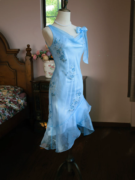 French Retro Baby Blue Flouncing Beaded Sheath Asymmetrical One-shoulder Corset Midi Prom Dress Cocktail Dress RS477