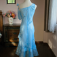 French Retro Baby Blue Flouncing Beaded Sheath Asymmetrical One-shoulder Corset Midi Prom Dress Cocktail Dress RS477