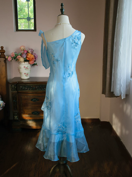 French Retro Baby Blue Flouncing Beaded Sheath Asymmetrical One-shoulder Corset Midi Prom Dress Cocktail Dress RS477