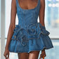 Blue denim suspenders waist skirt three-dimensional flower skirt homecoming dress R3688
