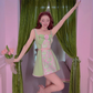 Green suspenders waist slim pink floral retro cute short skirt homecoming dress R2952