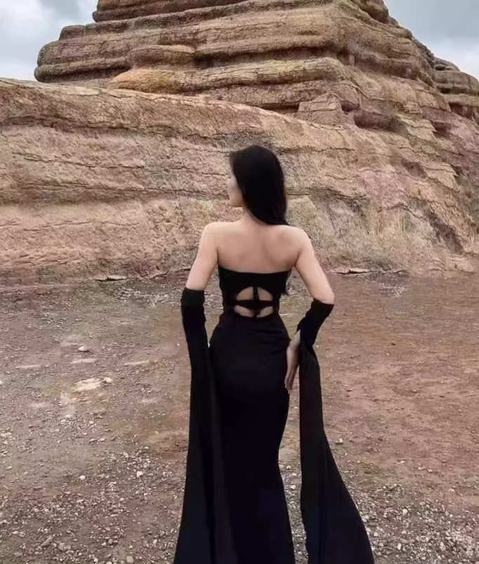 Travel photo skirt red dress desert travel outfit black ribbon evening dress long skirt R1566