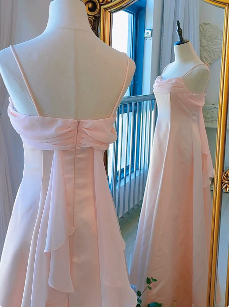 French Chic Blush Pink A-Line Spaghetti Straps Satin Corset Maxi Evening Dress RS478