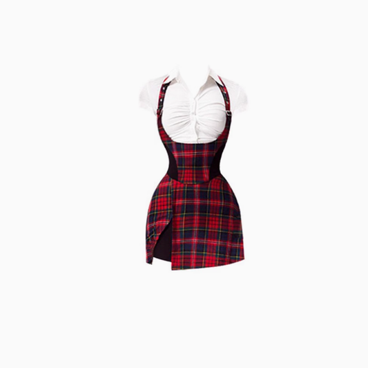 American college style short shirt 2025 plus size hot girl plaid halter neck hip skirt suit R1407