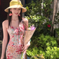 Women's French V-neck floral suspender dress waist and hip long skirt R0611