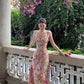 Retro pink floral suspenders waist slim fit long skirt homecoming dress R3681