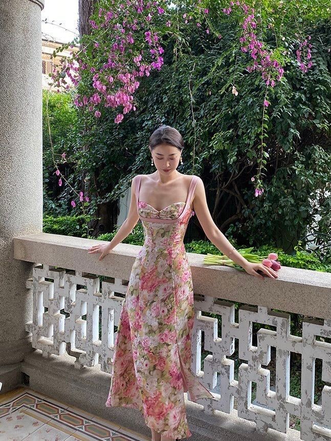 Retro pink floral suspenders waist slim fit long skirt homecoming dress R3681