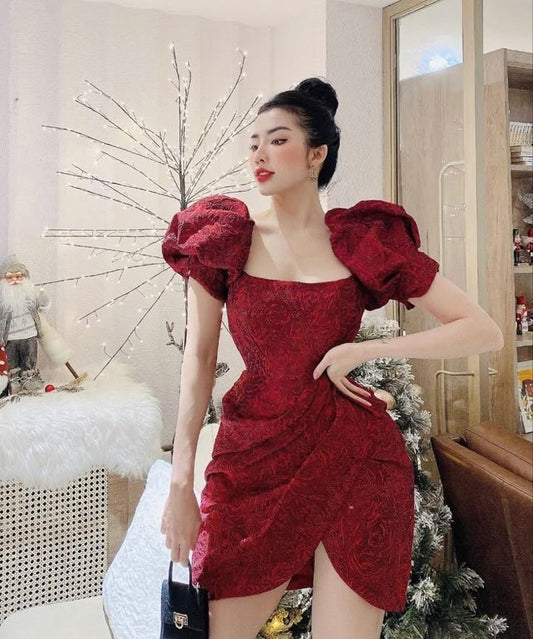 Dark red retro pattern puff sleeve waist slimming flower bud short skirt homecoming dress R3510