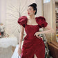 Dark red retro pattern puff sleeve waist slimming flower bud short skirt homecoming dress R3510
