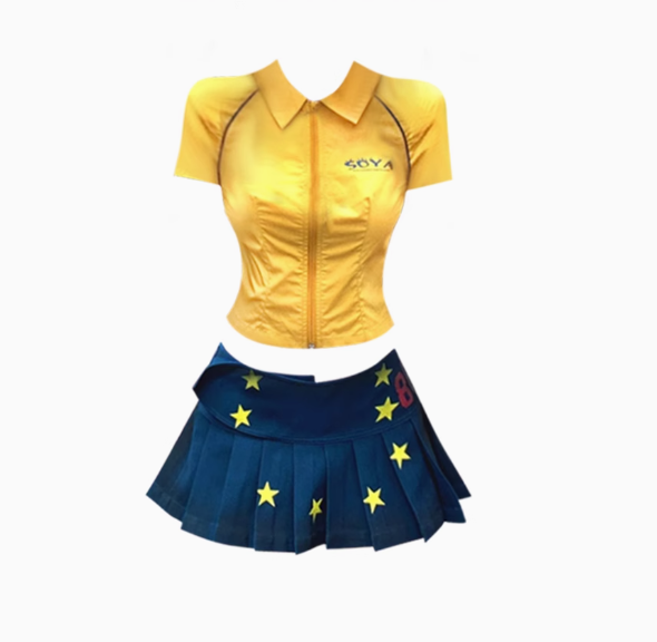 American retro bright yellow short-sleeved shirt 2025 pleated printed skirt suit R1308