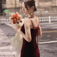 Burgundy suspender dress sexy V-neck backless high-end Christmas annual party hip dress R1471