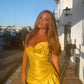 Bright yellow tube top asymmetrical design hip-hugging sexy homecoming dress R2413