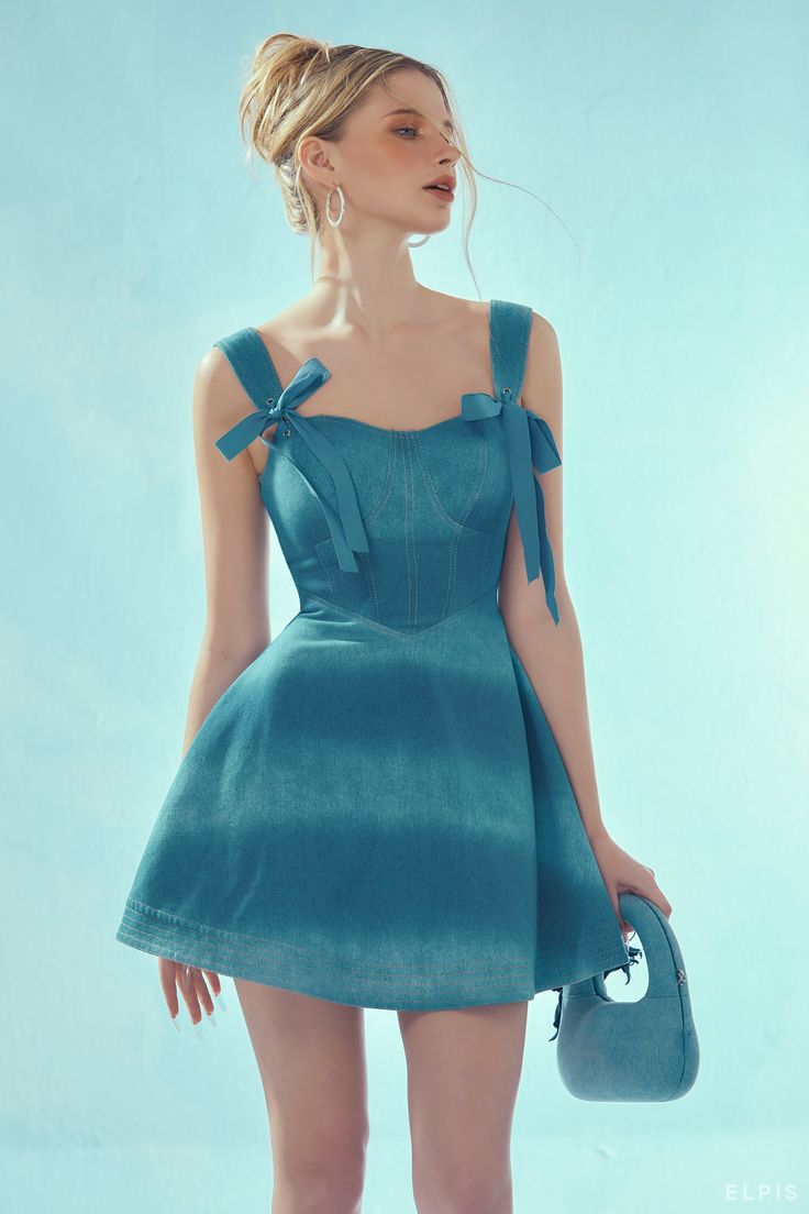 Dreamy blue sling bow waist slimming A-line short skirt homecoming dress R3366