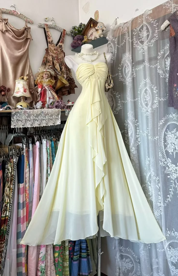Elegant Pastel Yellow Ruffled Empire Waist A-line Strapless Corset Maxi Prom Dress Summer Dress RS482