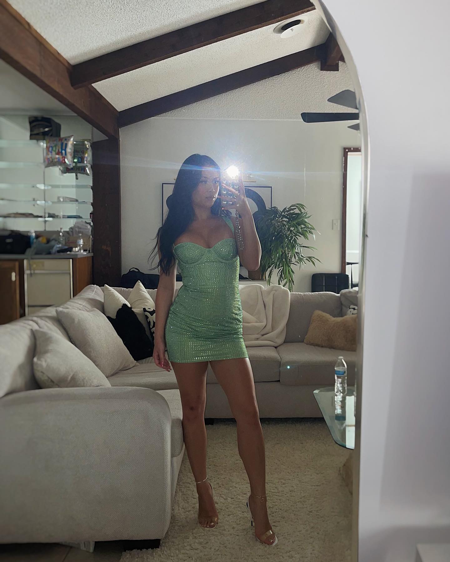 Green shiny suspenders sexy hip skirt homecoming dress R2410