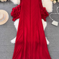 High-class lady temperament pleated lantern long sleeve loose A-line solid color elegant dress R0319