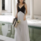 French black and white stitching suspender backless dress pleated skirt ruffled fairy long skirt R1591