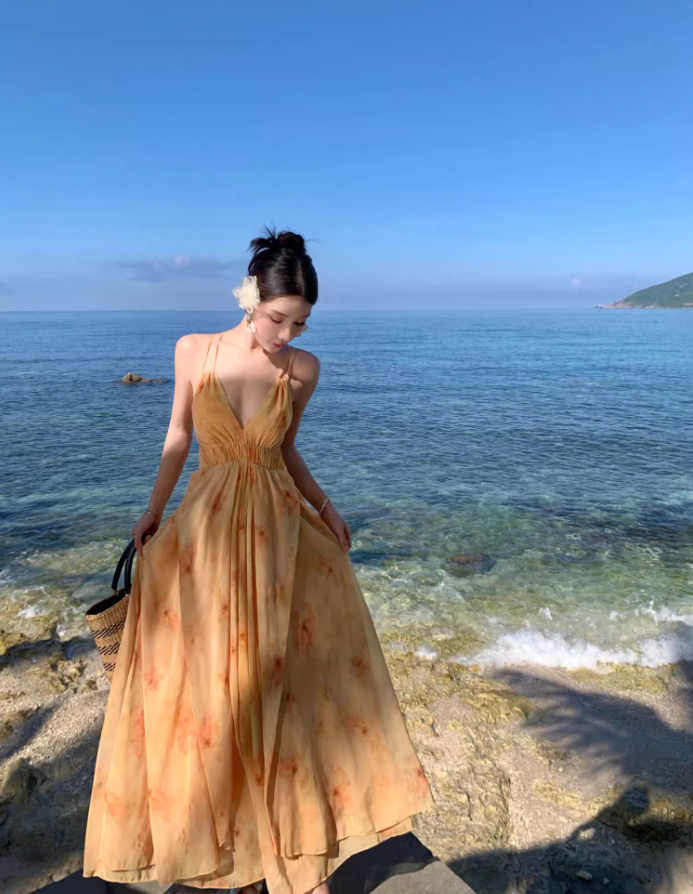 Vacation wear backless long dress beach dress island style suspender dress beach dress R1604