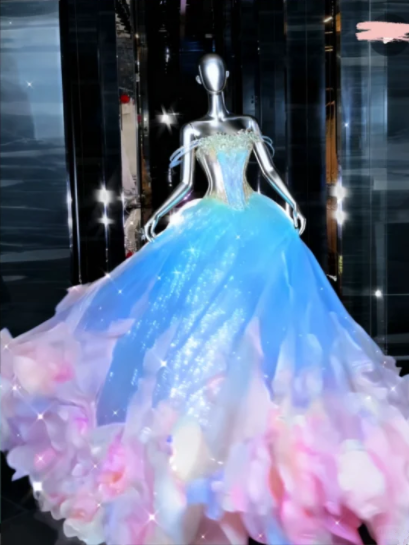 Blue Fairy-Style Prom Dress with Pink Trim and a Puffy Skirt R6521