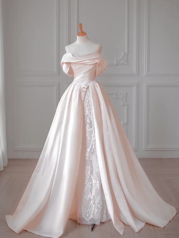 Light pink one-shoulder slim waist satin elegant long dress bridal gown R5881