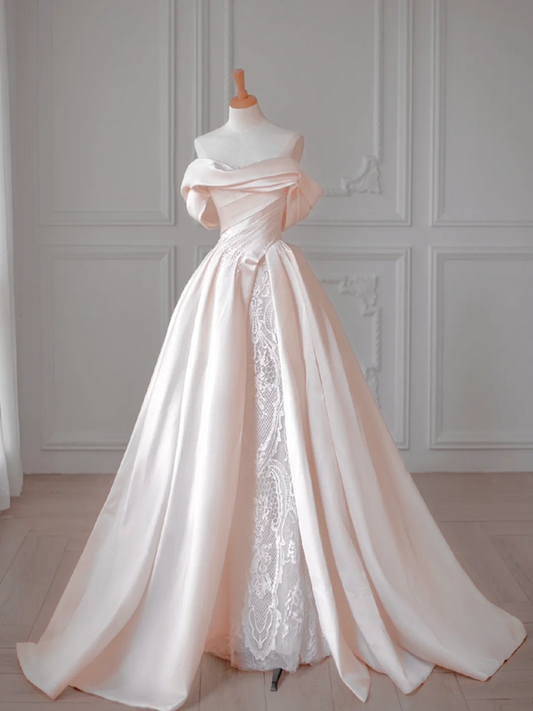 Light pink one-shoulder slim waist satin elegant long dress bridal gown R5881