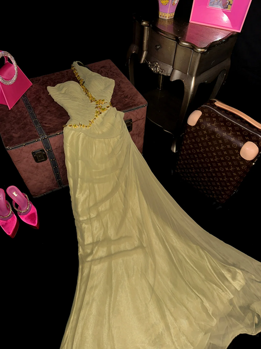 Yellow one-shoulder fitted waist long ball gown with pleats R7039