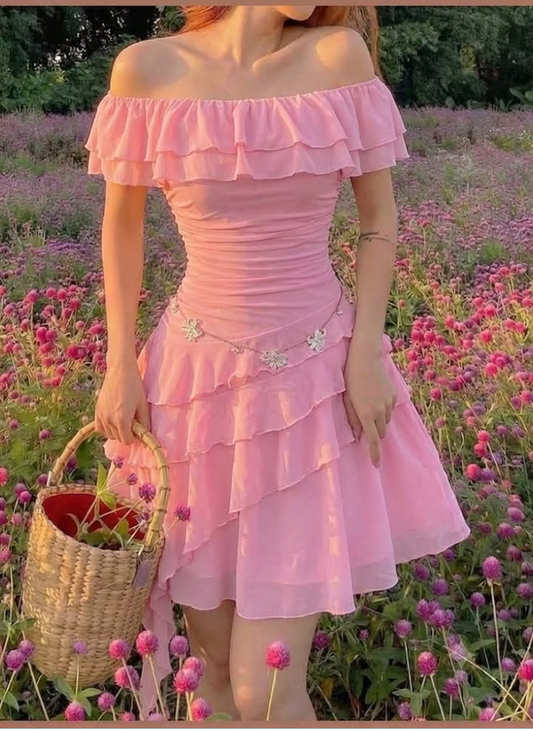 Flowy Chiffon Frilled Women's Homecoming Dress Barbie Pink Corset Short Prom Dress Party Dress RS2684