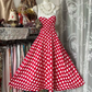 Red halter-neck long dress with white polka dots and a fitted waist, long ball gown R7827