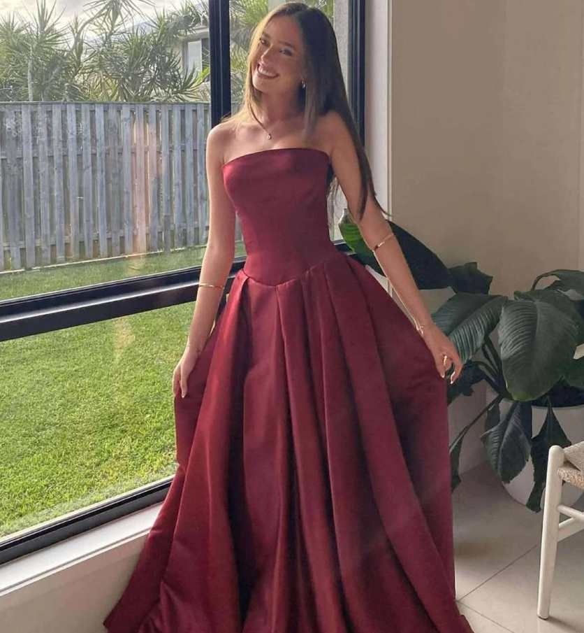 Silky Satin Corset Prom Gown , Burgundy Dreamy Women's Maxi Evening Dress Ball Gown RS2541