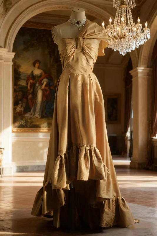 Gold one-shoulder high-waisted sexy long ball gown R6721