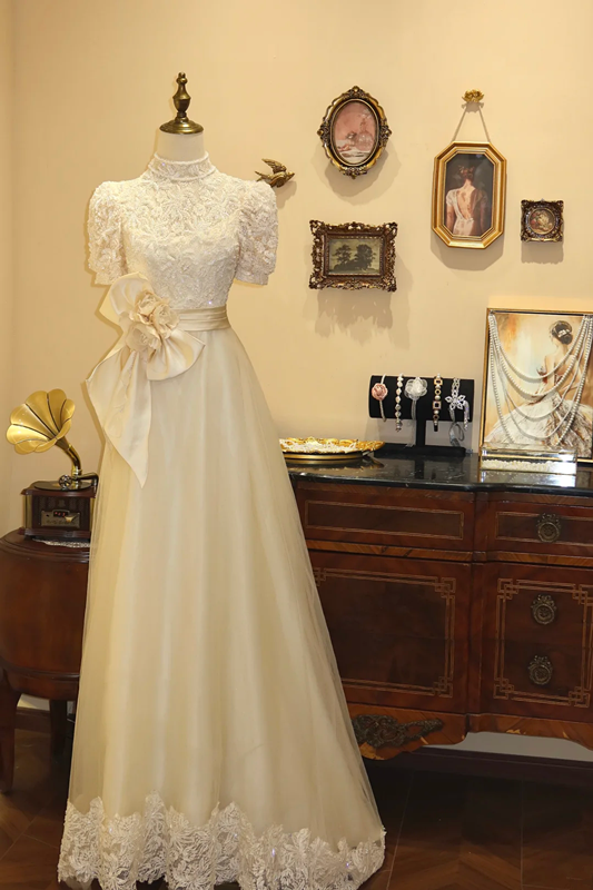 White fitted A-line long ball gown R7193