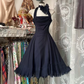Navy blue halter neck fitted waist full skirt short ball gown R7479