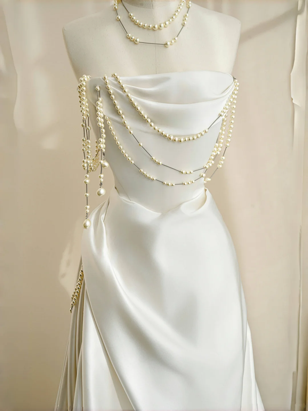 White strapless satin waist slim fit elegant skirt, prom dress R5692