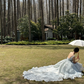 Light blue gradient spaghetti strap, 3D floral, waist‑cinched, full‑skirted long prom dress R7986
